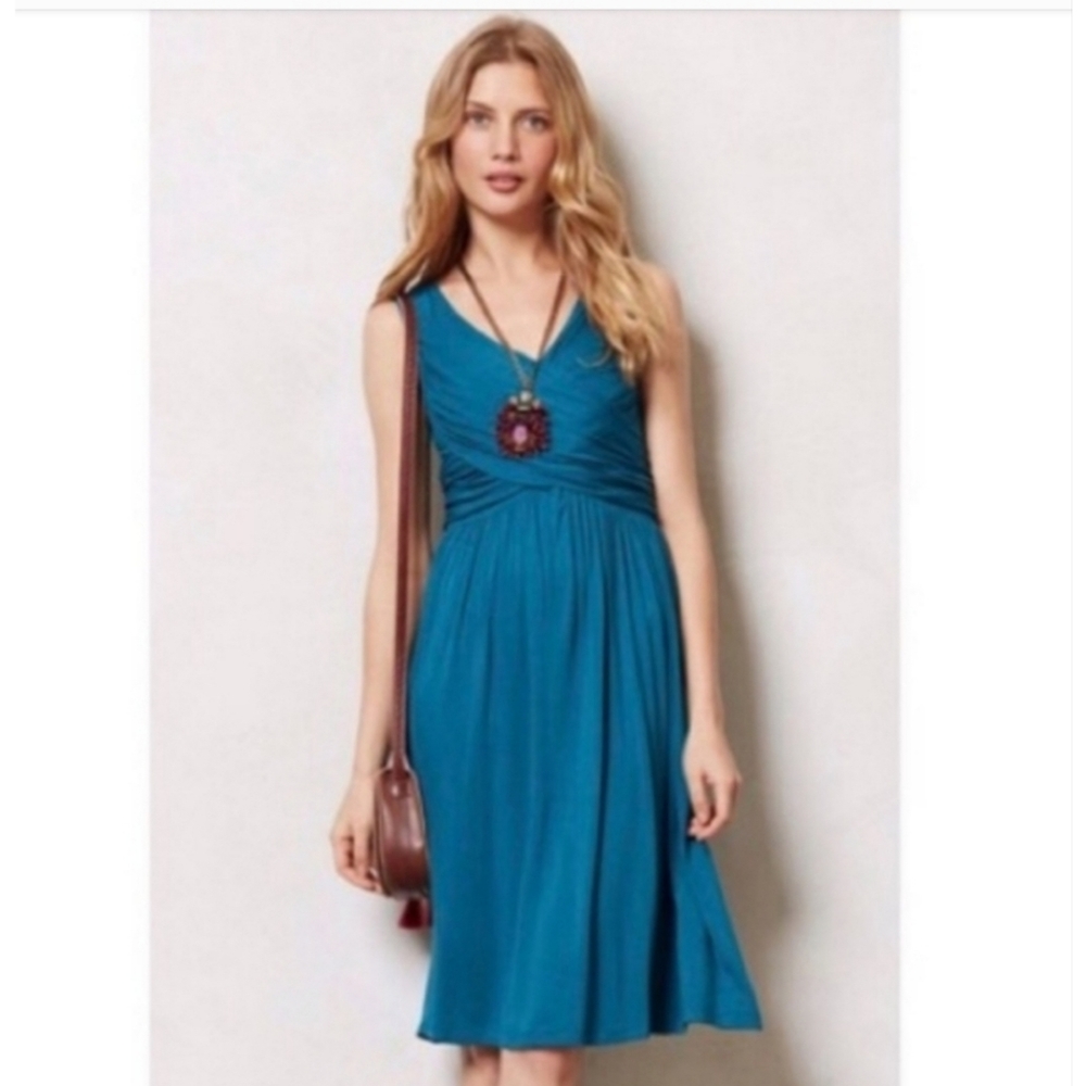 Anthropologie Girls from Savoy Wrap Stretch Waist Jersey Dress Teal Blue Small